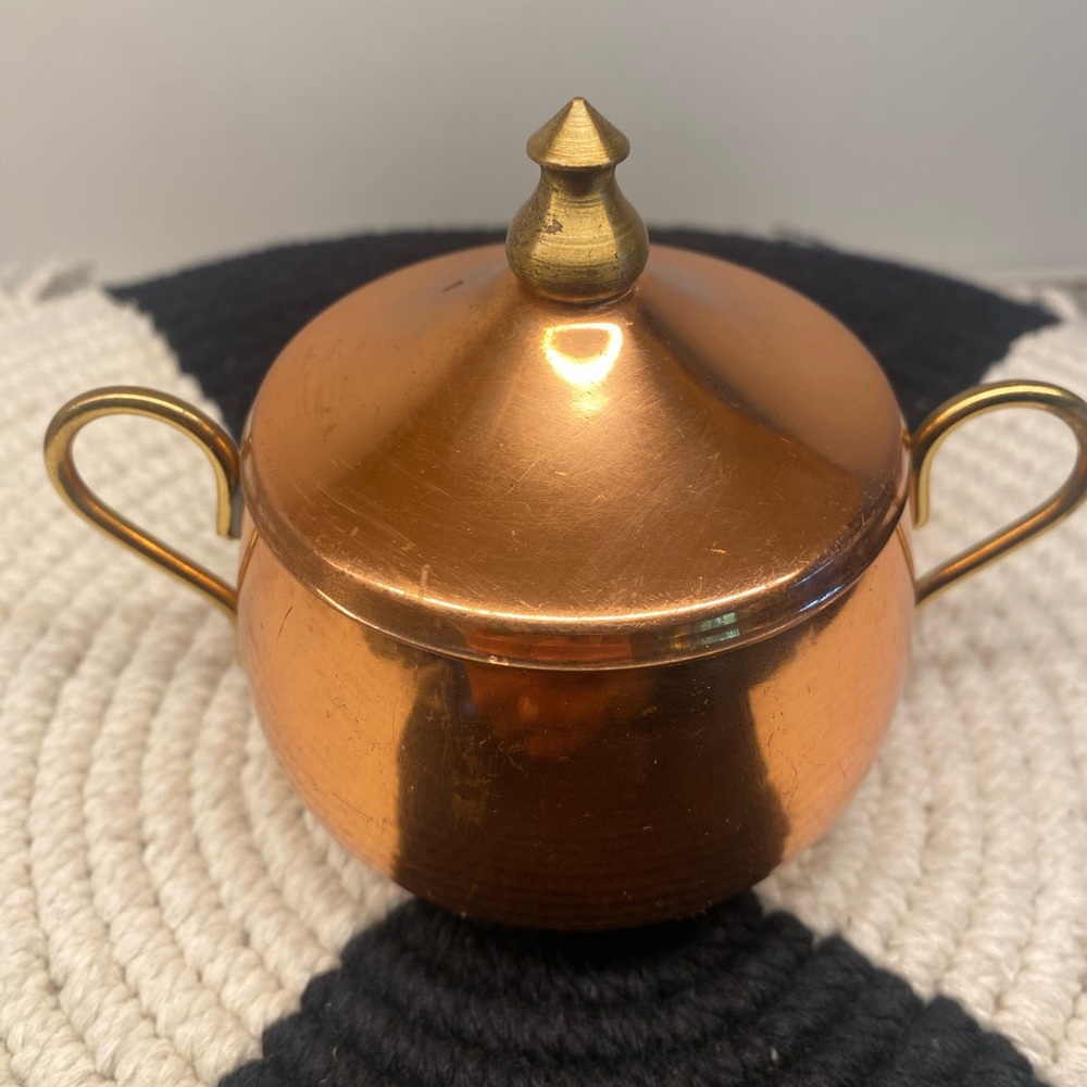 Vintage Copper Sugar Bowl with Brass Finial and Handles - Collectible